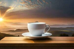 een kop van koffie Aan een houten tafel in voorkant van een mooi zonsopkomst. ai-gegenereerd foto
