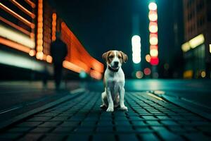 een hond zittend Aan de straat Bij nacht. ai-gegenereerd foto