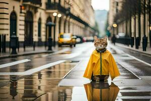 een kat in een regenjas staand Aan een nat straat. ai-gegenereerd foto