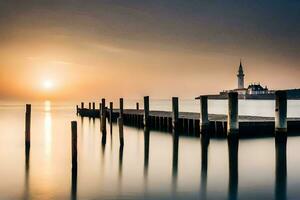 de zon stijgt over- een pier in de water. ai-gegenereerd foto