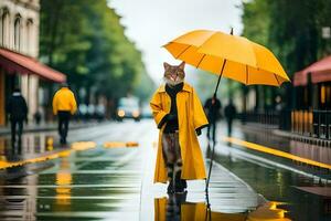 een kat in een geel regenjas wandelen naar beneden een straat. ai-gegenereerd foto