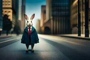 een konijn in een pak en stropdas staand Aan een stad straat. ai-gegenereerd foto