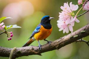 een vogel zit Aan een Afdeling met bloemen in de achtergrond. ai-gegenereerd foto