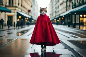 een kat vervelend een rood kaap Aan een regenachtig straat. ai-gegenereerd foto