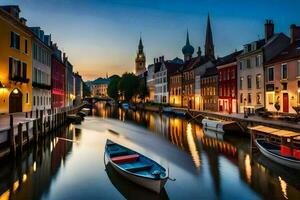 boten zijn aangemeerd in een kanaal Bij schemer in een stad. ai-gegenereerd foto