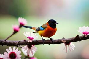 een kleurrijk vogel zit Aan een Afdeling met roze bloemen. ai-gegenereerd foto