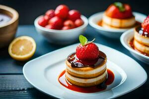 een bord van desserts met aardbeien en citroen. ai-gegenereerd foto