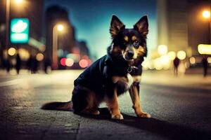 een hond zittend Aan de straat Bij nacht. ai-gegenereerd foto