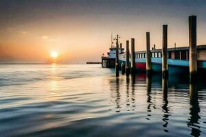 een boot pier Bij zonsondergang met de zon instelling achter het. ai-gegenereerd foto