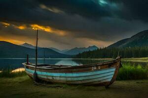 een boot zit Aan de kust van een meer Bij zonsondergang. ai-gegenereerd foto