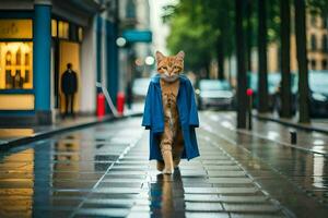 een kat in een blauw jas wandelen naar beneden een straat. ai-gegenereerd foto