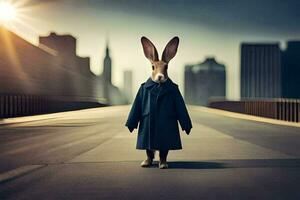 een konijn in een jas staand Aan een brug. ai-gegenereerd foto