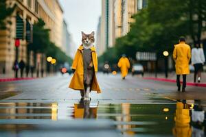 een kat in een geel regenjas wandelen naar beneden een straat. ai-gegenereerd foto