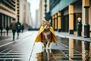 een kat vervelend een geel kaap wandelingen naar beneden een stad straat. ai-gegenereerd foto