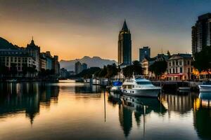een visie van de stad Bij zonsondergang met boten in de water. ai-gegenereerd foto