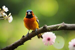 een vogel zittend Aan een Afdeling met bloemen in de achtergrond. ai-gegenereerd foto