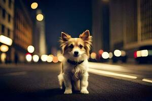 een hond zittend Aan de straat Bij nacht. ai-gegenereerd foto