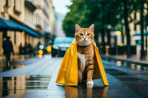 een oranje kat vervelend een geel regenjas Aan een stad straat. ai-gegenereerd foto