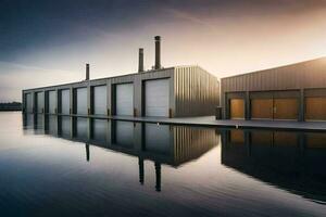 een fabriek gebouw met een dok en water. ai-gegenereerd foto