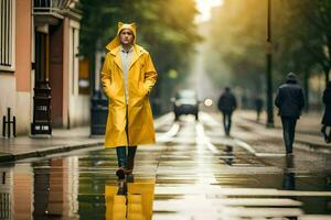 een Mens in een geel regenjas wandelen naar beneden een straat. ai-gegenereerd foto