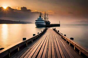 een houten pier met een boot aangemeerd Bij de einde. ai-gegenereerd foto