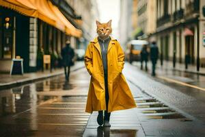 een vrouw in een geel jas en kat masker wandelen naar beneden een straat. ai-gegenereerd foto