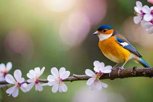 een vogel zit Aan een Afdeling met bloemen. ai-gegenereerd foto