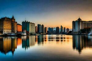 de stad horizon is weerspiegeld in de water Bij zonsondergang. ai-gegenereerd foto