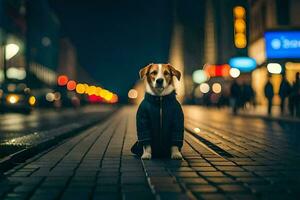 een hond in een jasje zittend Aan de straat Bij nacht. ai-gegenereerd foto