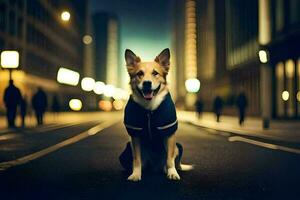 een hond vervelend een jasje zittend Aan de straat Bij nacht. ai-gegenereerd foto