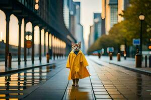 een kat in een geel regenjas wandelen naar beneden een stad straat. ai-gegenereerd foto