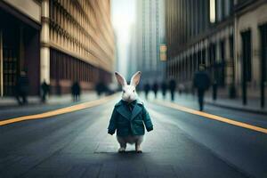 een konijn in een blauw jas staand in de midden- van een stad straat. ai-gegenereerd foto