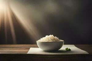 rijst- in een kom Aan een houten tafel. ai-gegenereerd foto