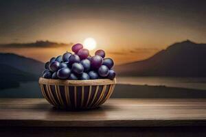 druiven in een mand Aan een houten tafel. ai-gegenereerd foto