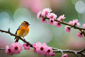 een vogel is neergestreken Aan een Afdeling van een roze bloem. ai-gegenereerd foto