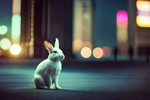 een wit konijn zittend Aan de straat Bij nacht. ai-gegenereerd foto