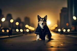 een hond in een jas zittend Aan een brug Bij nacht. ai-gegenereerd foto