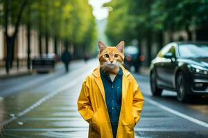 een kat vervelend een geel regenjas Aan de straat. ai-gegenereerd foto