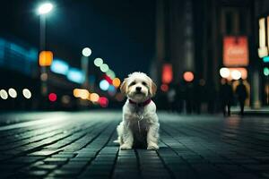 een hond zittend Aan de straat Bij nacht. ai-gegenereerd foto