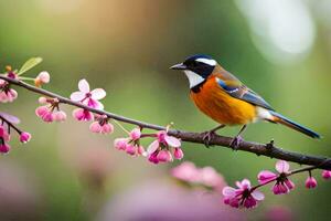 een vogel zit Aan een Afdeling met roze bloemen. ai-gegenereerd foto