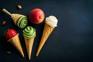 drie ijs room kegels met fruit en noten Aan een zwart achtergrond. ai-gegenereerd foto