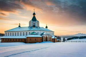 een kerk is getoond in de sneeuw Bij zonsondergang. ai-gegenereerd foto