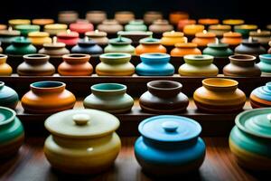 een rij van kleurrijk potten en kommen Aan een tafel. ai-gegenereerd foto