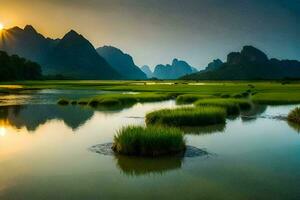 de zon stijgt over- een rivier- en bergen in China. ai-gegenereerd foto