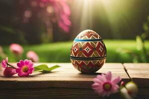 een Pasen ei is zittend Aan een houten tafel met bloemen. ai-gegenereerd foto