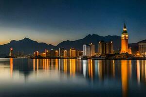 de stad horizon Bij nacht met bergen in de achtergrond. ai-gegenereerd foto