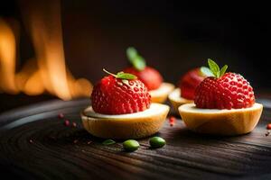 drie aardbeien in klein kommen Aan een houten tafel. ai-gegenereerd foto