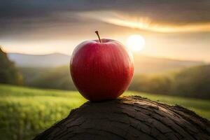een appel is zittend Aan top van een stomp in voorkant van een zonsondergang. ai-gegenereerd foto