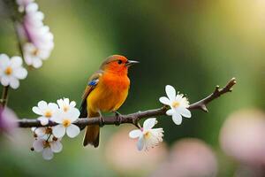 een klein oranje vogel zit Aan een Afdeling met wit bloemen. ai-gegenereerd foto