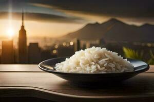 een kom van rijst- met een stadsgezicht in de achtergrond. ai-gegenereerd foto